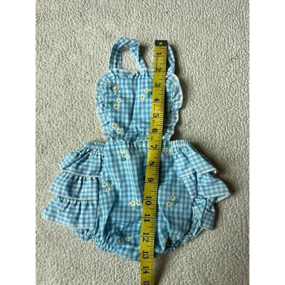 Vintage Stones Wear Blue & White Gingham Baby Girl Bubble Romper Daisy’s 12 Mo